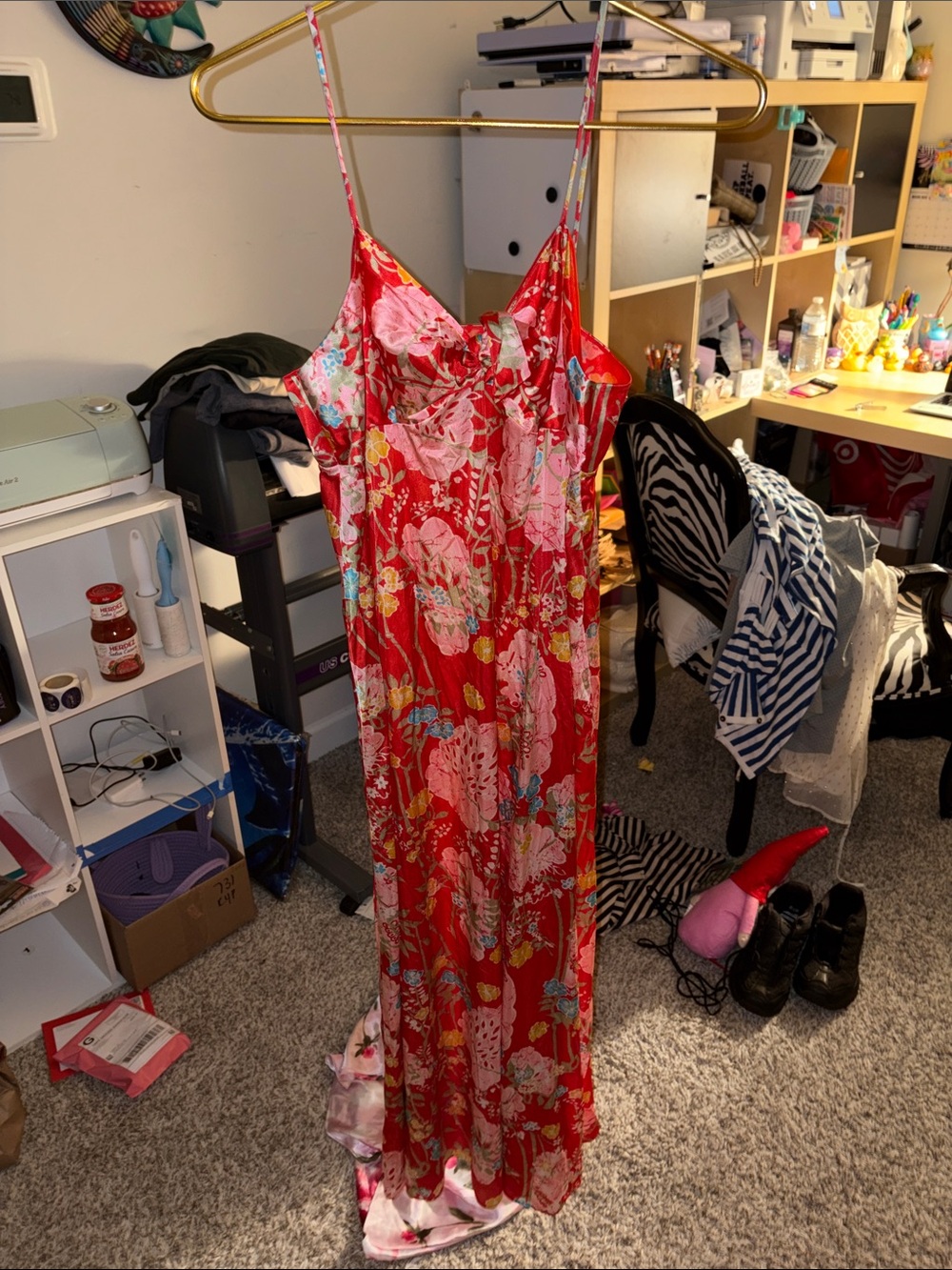 Floral Red Satin Slip Dress Chemise